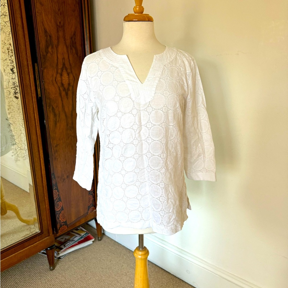 White Linen and cotton Eyelet Top